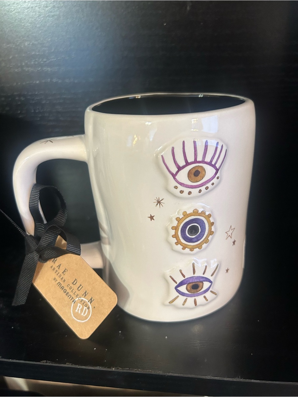 Rae Dunn White Ceramic Third Eye Mug with Purple and Gold Eye Accents